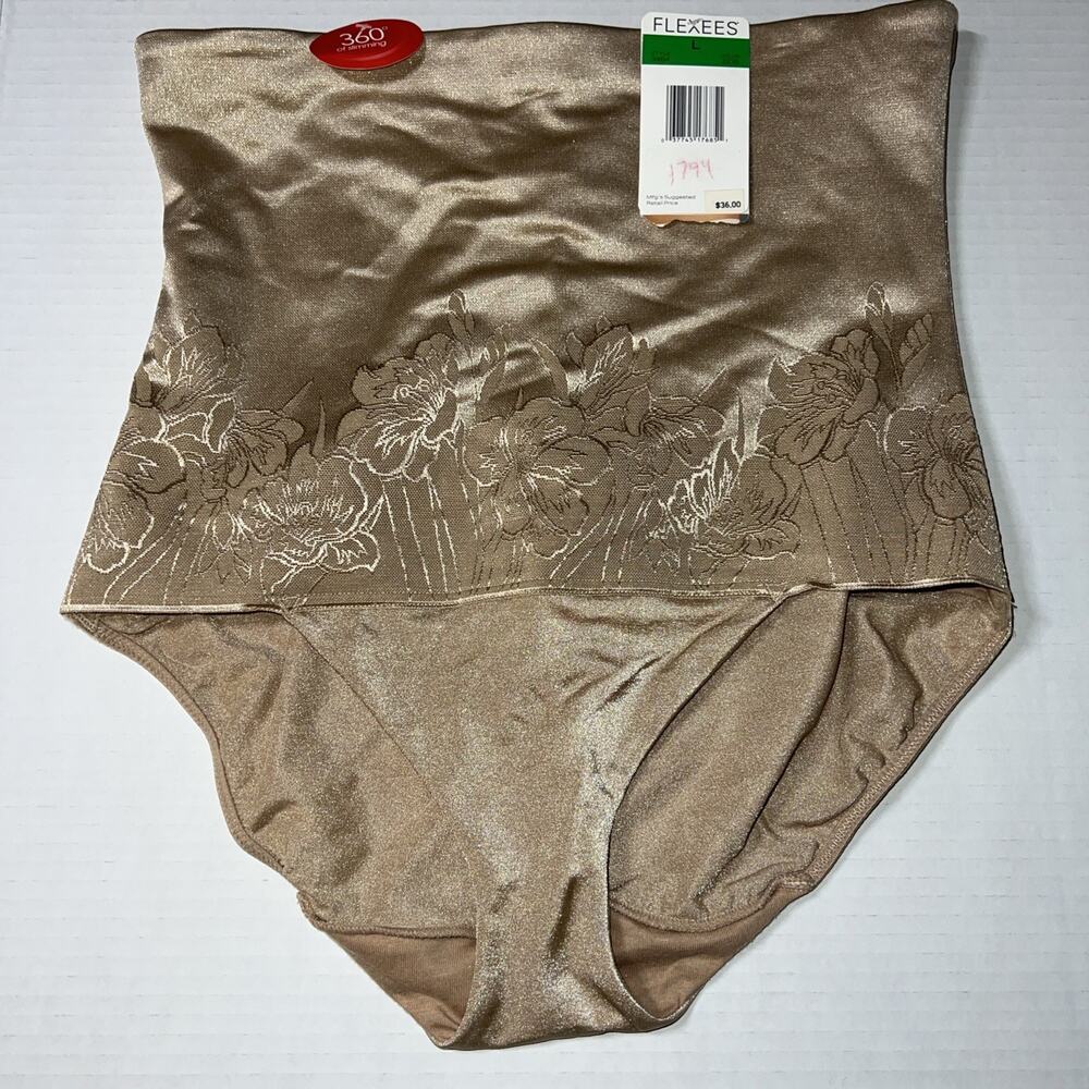 Flexees 3464 Nude Tan Shapewear Briefs NWT Textured Satin L Tummy Control